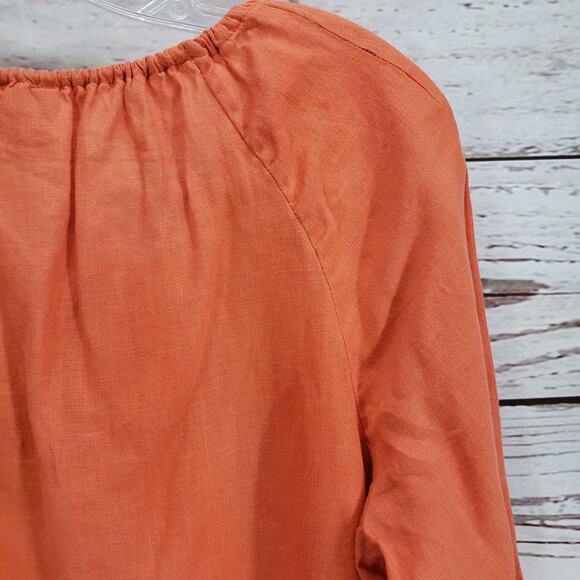 Chico's 100%Linen V-Neck Gold Lace Front Detail 3/4 Sleeve Top Size 1 - Picture 13 of 15